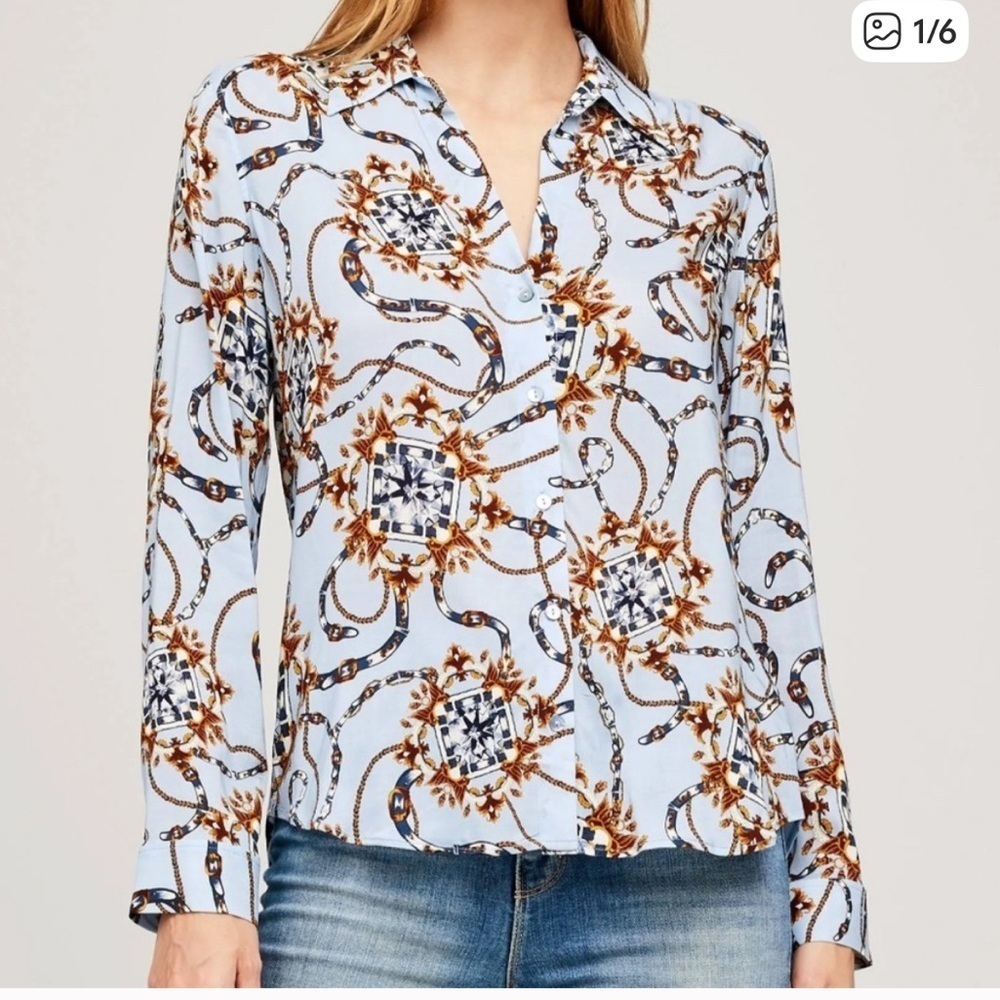 L’AGENCE Holly Button Up Blouse In Blue/Ivory